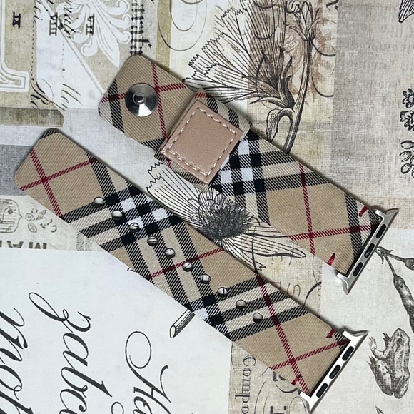 Plaid Checker Apple Watch Band, Leather Band Strap Beige 38/40/41/42/44/45 mm SE - Picture 2 of 9